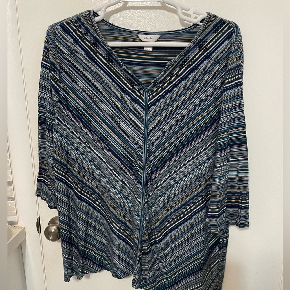 C J Banks 3/4 Sleeve Stretch diagonal striped v neck blouse relaxed fit 2X